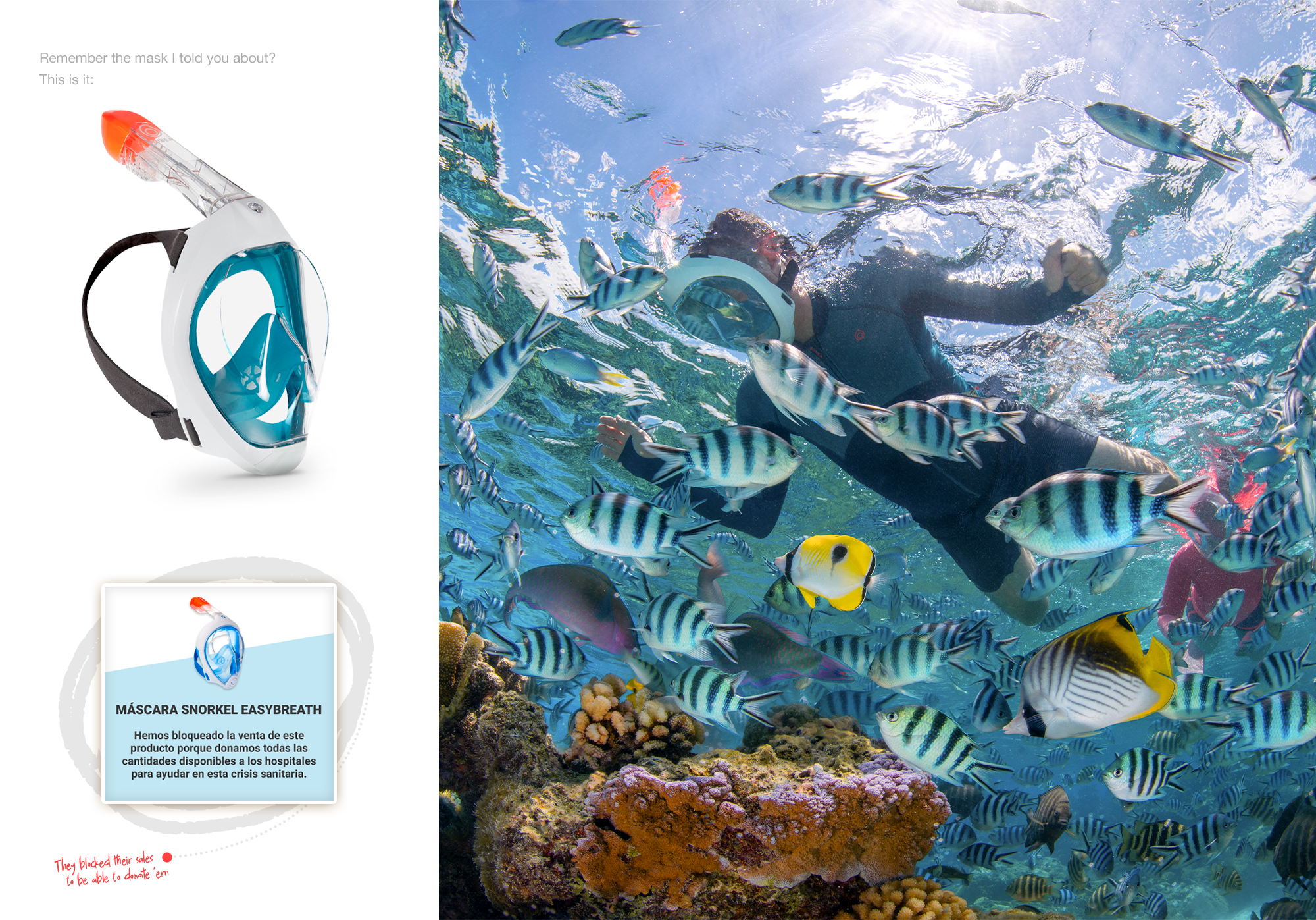 Campanha da Decathlon sobre a suspensão da venda de máscaras de snorkel durante a pandemia