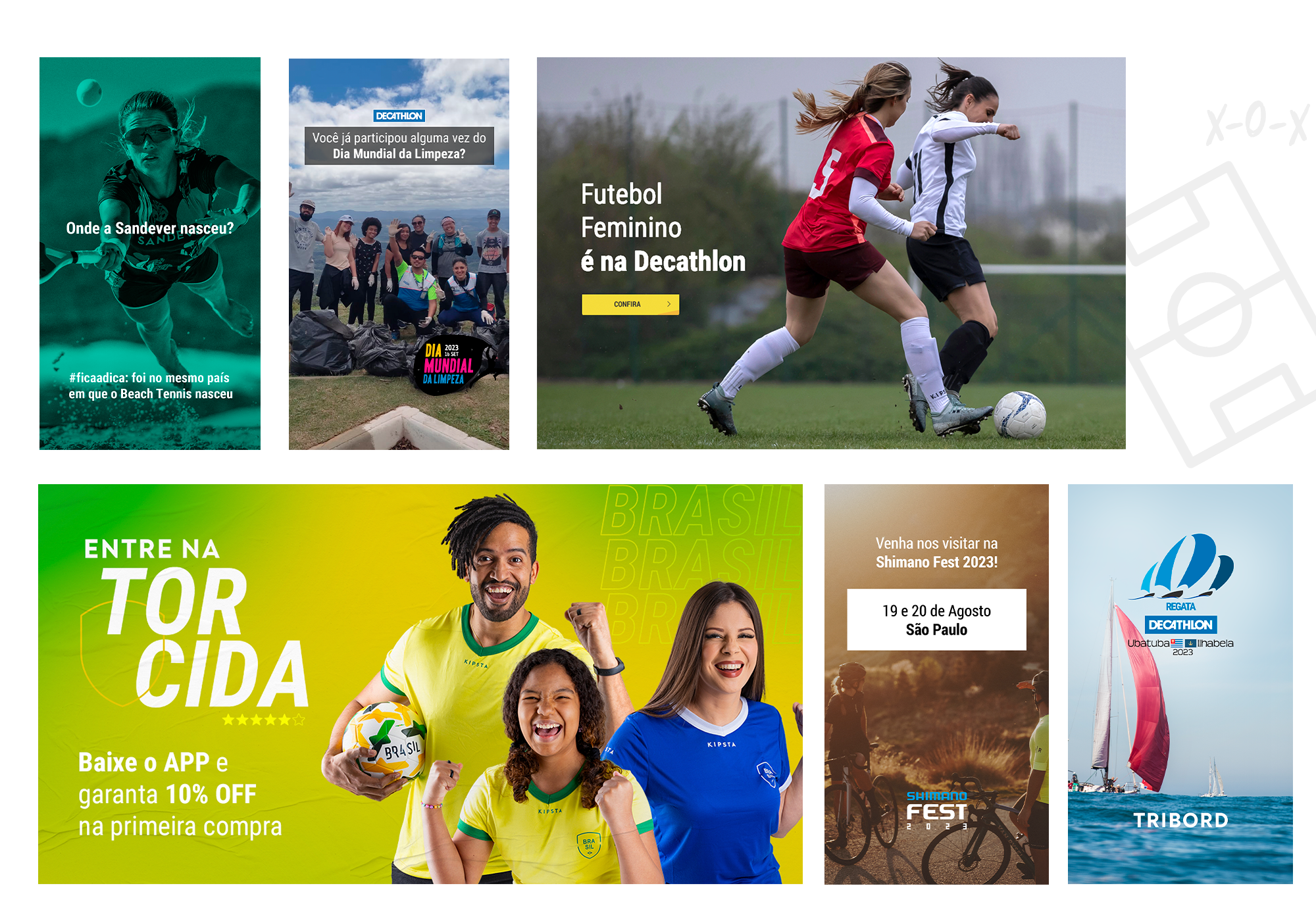 Conteúdos da Decathlon para redes sociais, mídia paga e diferentes modalidades esportivas