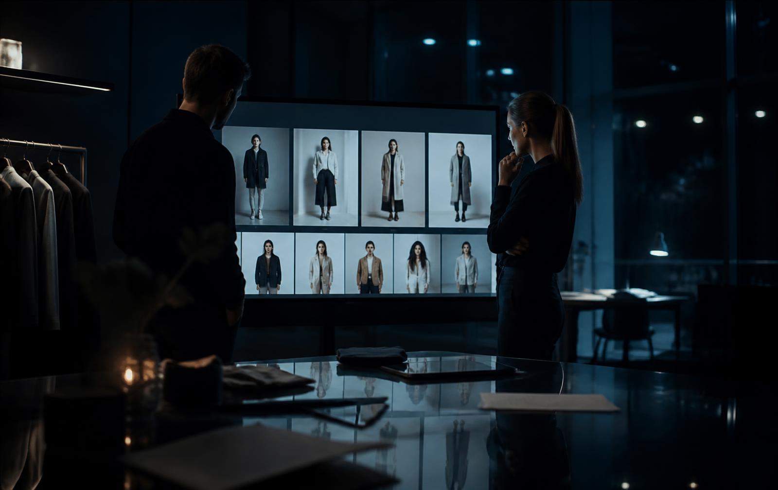 Equipe analisando a vitrine de um e-commerce de moda em uma tela grande