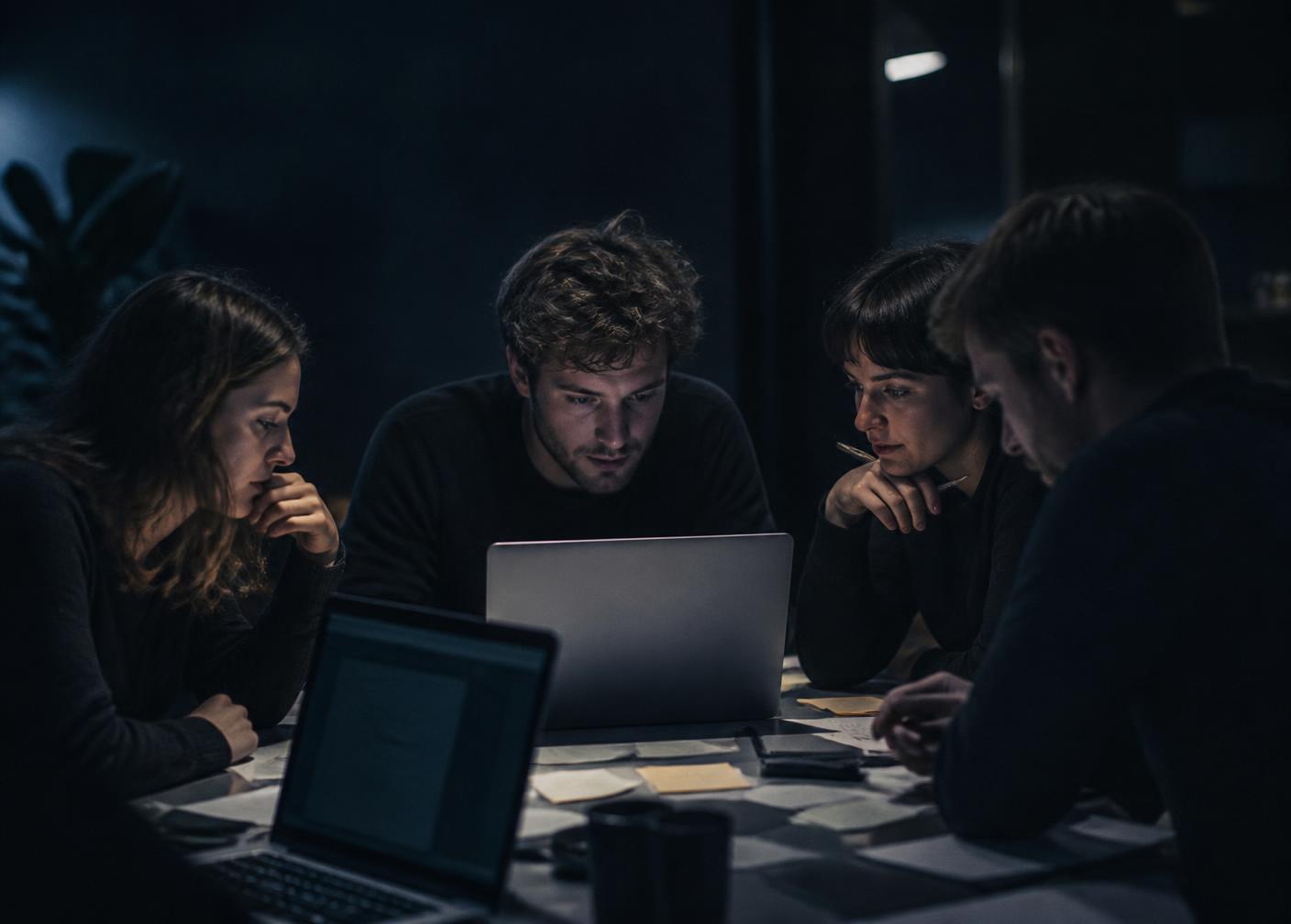 Time da FRN³ reunido em torno de laptops durante uma sessão de trabalho
