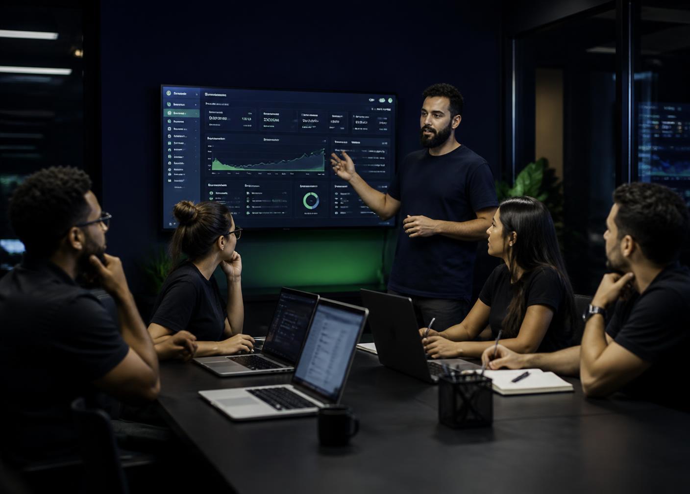 Instrutor da FRN³ conduzindo treinamento de e-commerce com time do cliente em frente ao painel administrativo